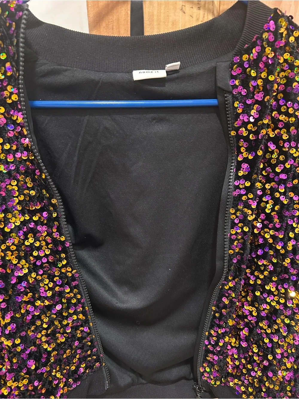 Girls Sequin Embellished Black Bomber Jacket with Purple & Gold Accents